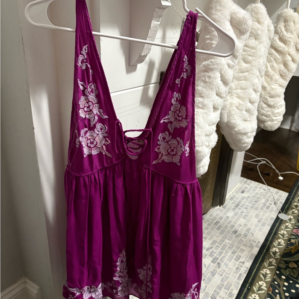 Free People Magenta Top with Floral Embroidery